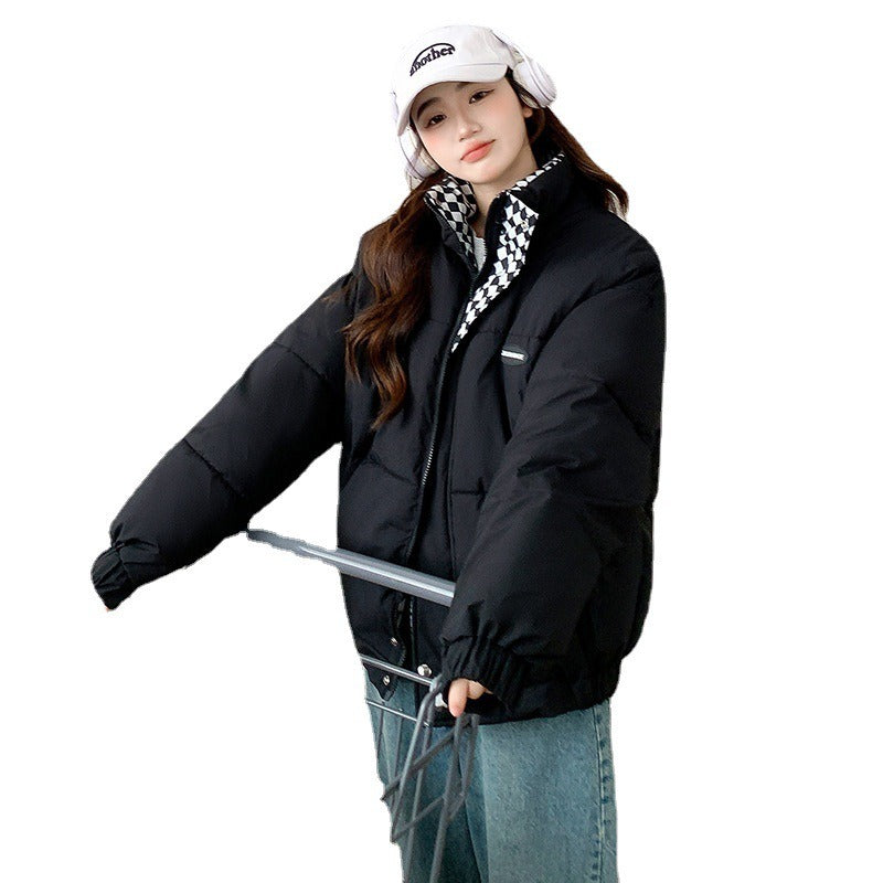 Winter New Checkerboard Down Cotton Jacket Women's Loose BF Style Stand Collar Short Cotton Jacket Cotton Padded Jacket Thickened Bread Jacket