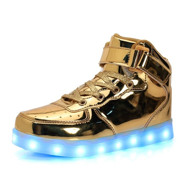 Led Children Shoes USB Charging Basket Shoes With Light Up Kids Casual Boys&Girls Luminous Sneakers Gold silver