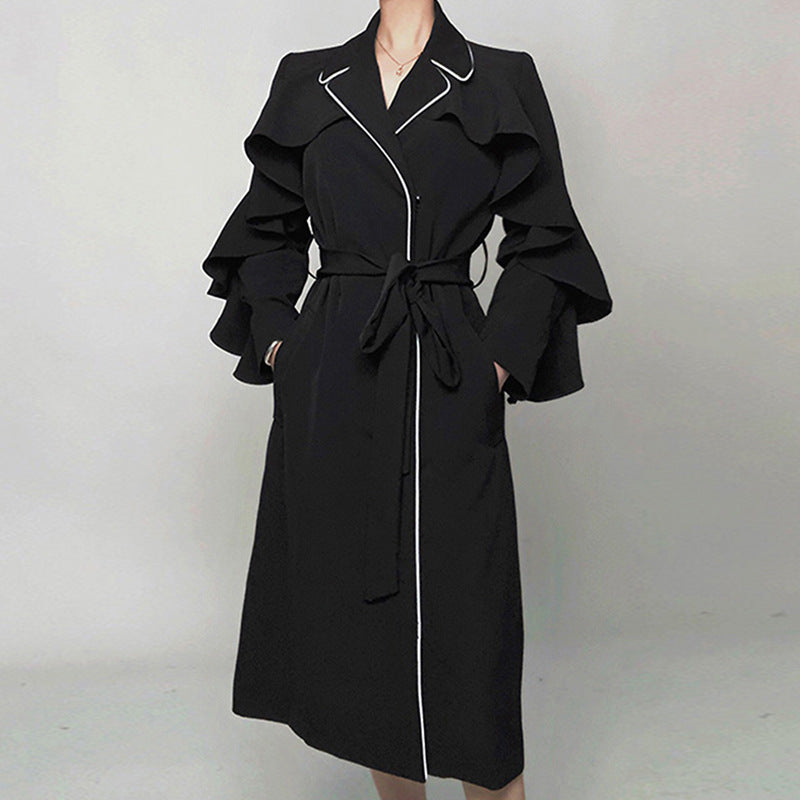 Gabardina para mujer con volantes, mangas acampanadas, cintura alta con cinturón, elegante abrigo largo superlargo, abrigo informal nuevo de otoño 
