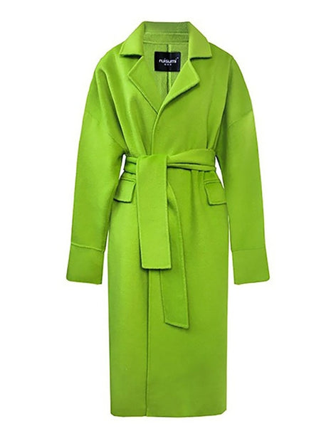 Fashion Women's Wool Coat Lapel Loose Double-sided Grass Green Sashes Waist Long Sleeve Overcoat Winter New