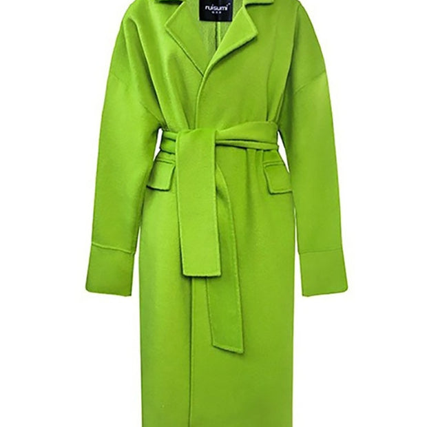 Fashion Women's Wool Coat Lapel Loose Double-sided Grass Green Sashes Waist Long Sleeve Overcoat Winter New