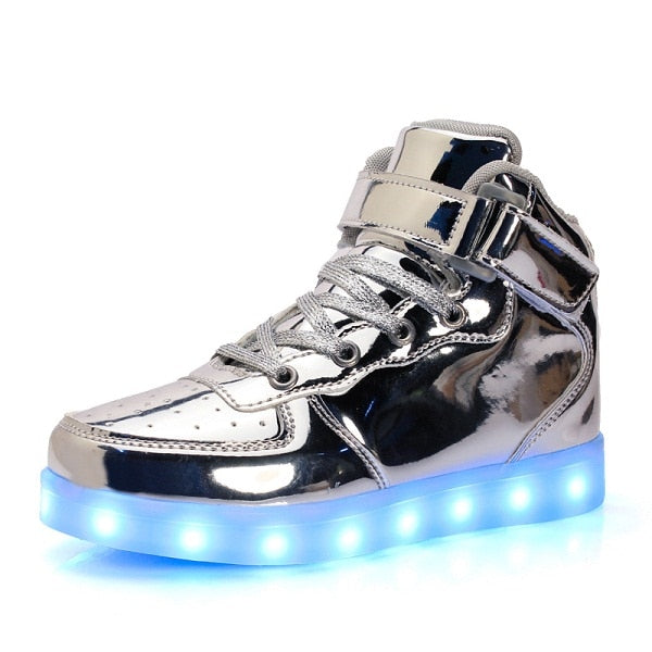 Led Children Shoes USB Charging Basket Shoes With Light Up Kids Casual Boys&Girls Luminous Sneakers Gold silver