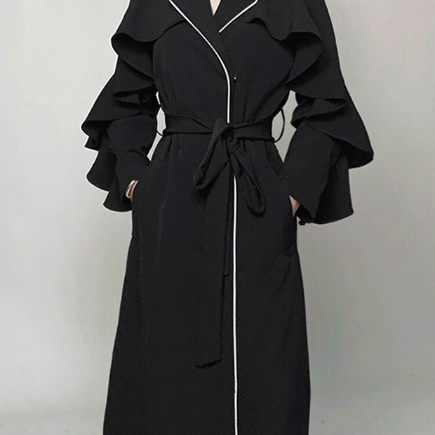 Woman Trench Coat Ruffles Flare Sleeve High Waist With Belt Elegant Super Long Outerwear Casual New Autumn Coat