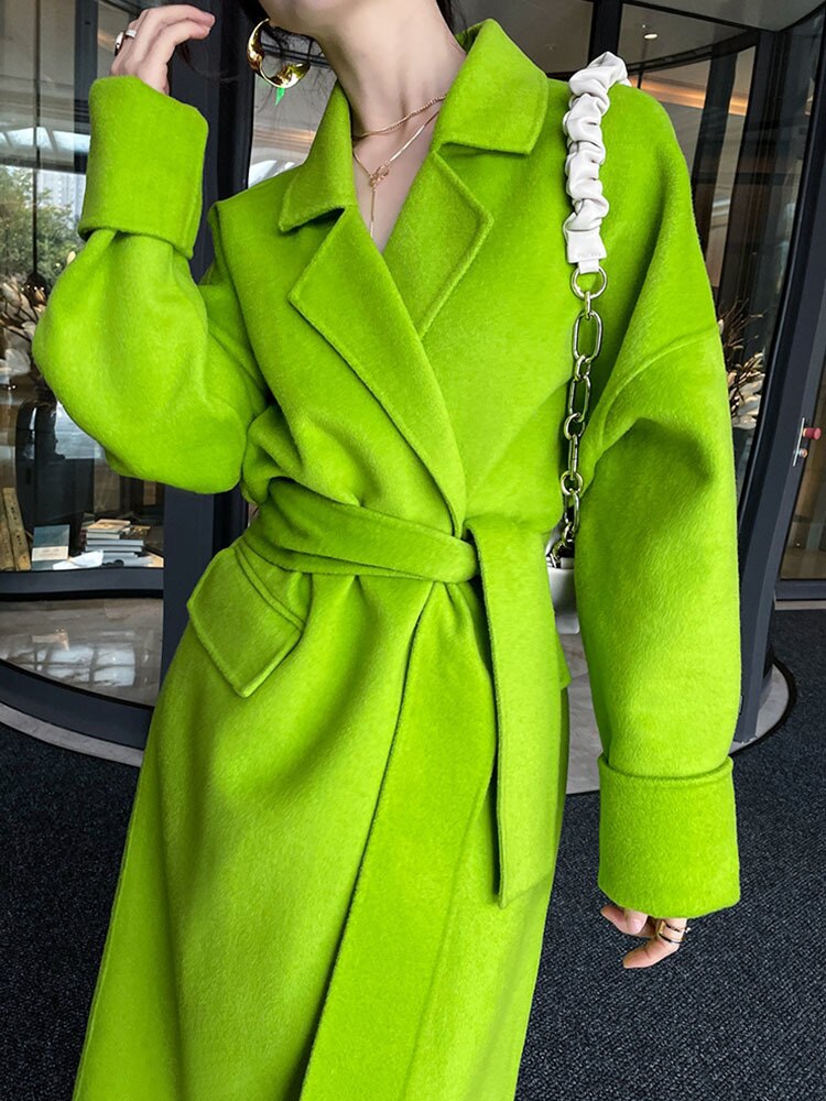 Fashion Women's Wool Coat Lapel Loose Double-sided Grass Green Sashes Waist Long Sleeve Overcoat Winter New