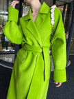Fashion Women's Wool Coat Lapel Loose Double-sided Grass Green Sashes Waist Long Sleeve Overcoat Winter New