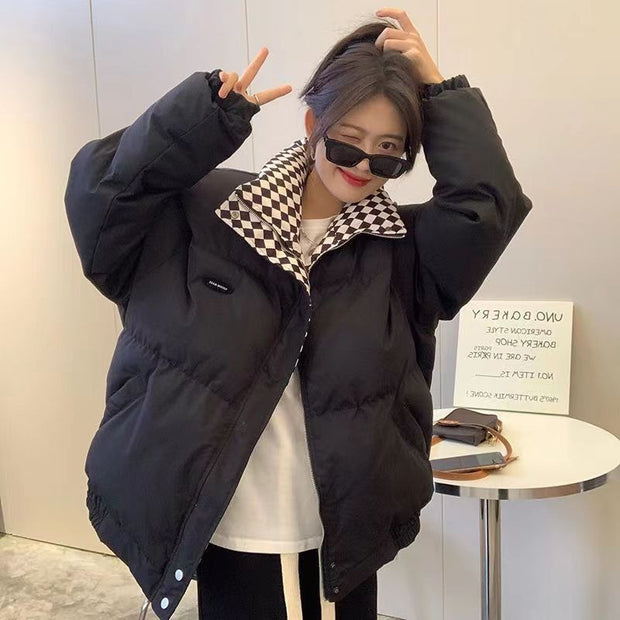 Winter New Checkerboard Down Cotton Jacket Women's Loose BF Style Stand Collar Short Cotton Jacket Cotton Padded Jacket Thickened Bread Jacket