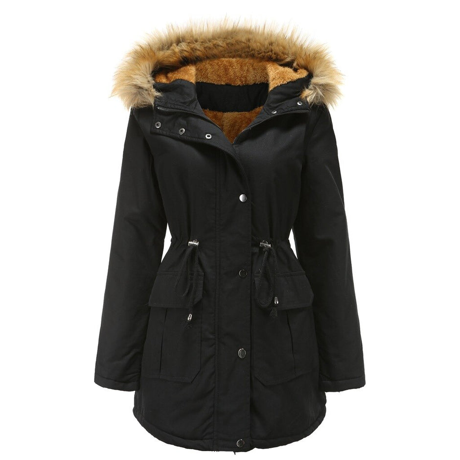 Women's plus size plus velvet cotton padded jacket with hooded fur collar winter warm jacket plus size womens padded jacket