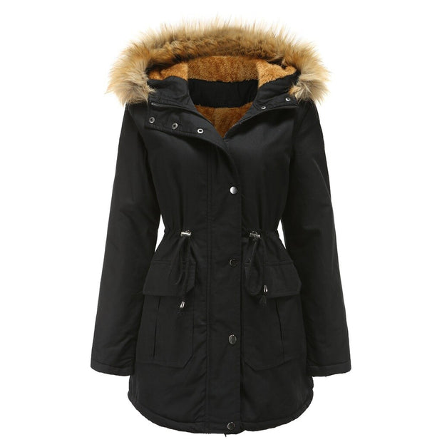 Women's plus size plus velvet cotton padded jacket with hooded fur collar winter warm jacket plus size womens padded jacket