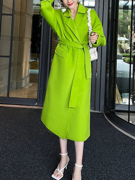 Fashion Women's Wool Coat Lapel Loose Double-sided Grass Green Sashes Waist Long Sleeve Overcoat Winter New