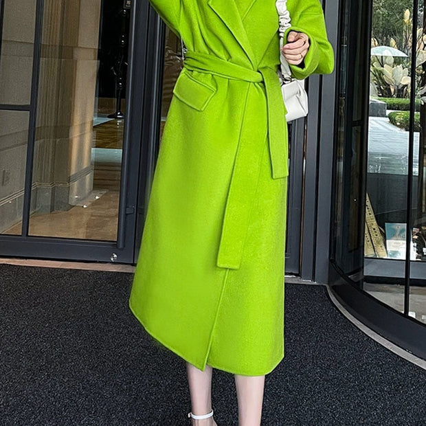 Fashion Women's Wool Coat Lapel Loose Double-sided Grass Green Sashes Waist Long Sleeve Overcoat Winter New
