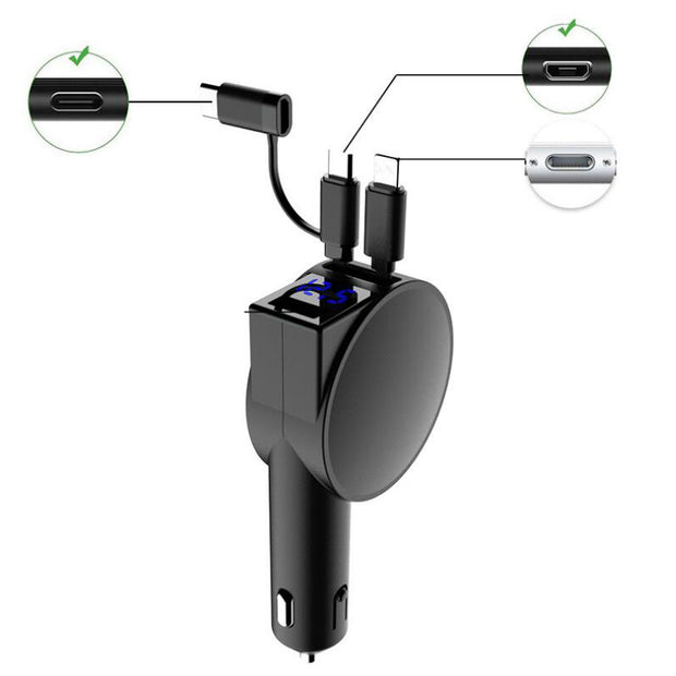 Vogek 3-in-1 Car Charger 60W Super Fast Charging for iPhone Xiaomi Huawei Samsung with Telescopic Charging Cables and Adapters