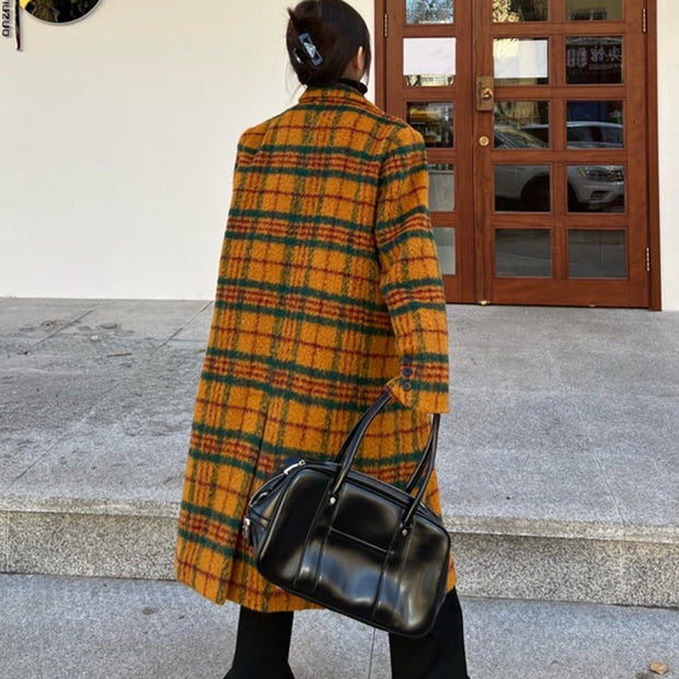 Autumn Winter Long Loose Retro Colorful Plaid Woolen Trench Coat for Women Double Breasted Luxury Designer Clothes