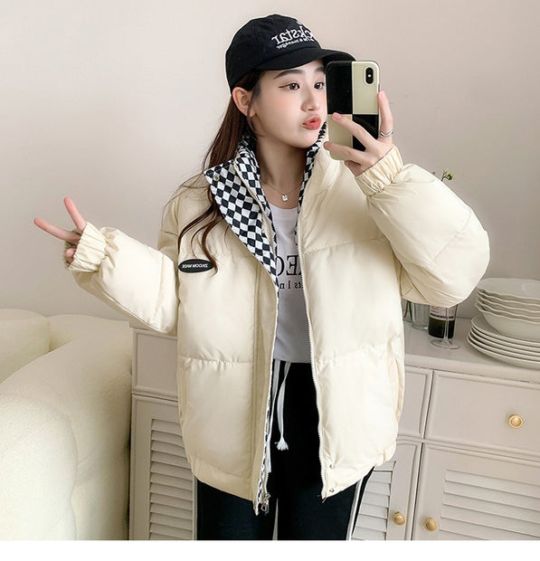 Winter New Checkerboard Down Cotton Jacket Women's Loose BF Style Stand Collar Short Cotton Jacket Cotton Padded Jacket Thickened Bread Jacket
