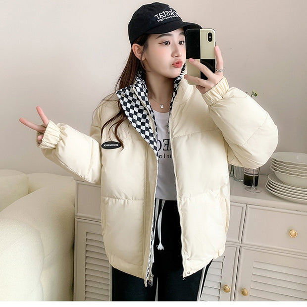 Winter New Checkerboard Down Cotton Jacket Women's Loose BF Style Stand Collar Short Cotton Jacket Cotton Padded Jacket Thickened Bread Jacket