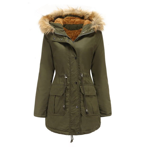 Women's plus size plus velvet cotton padded jacket with hooded fur collar winter warm jacket plus size womens padded jacket