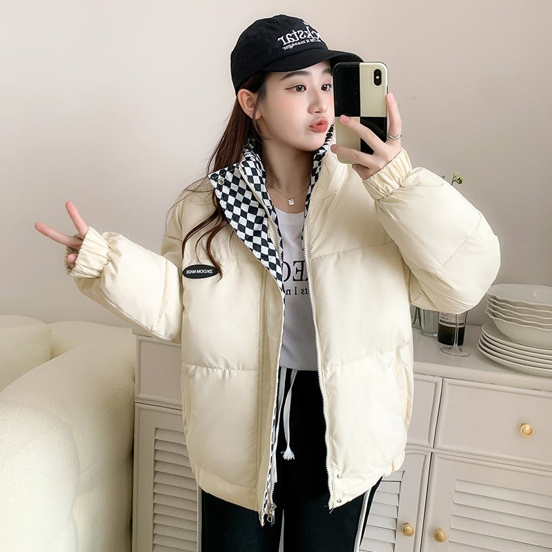 Winter New Checkerboard Down Cotton Jacket Women's Loose BF Style Stand Collar Short Cotton Jacket Cotton Padded Jacket Thickened Bread Jacket