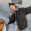 Winter New Checkerboard Down Cotton Jacket Women's Loose BF Style Stand Collar Short Cotton Jacket Cotton Padded Jacket Thickened Bread Jacket