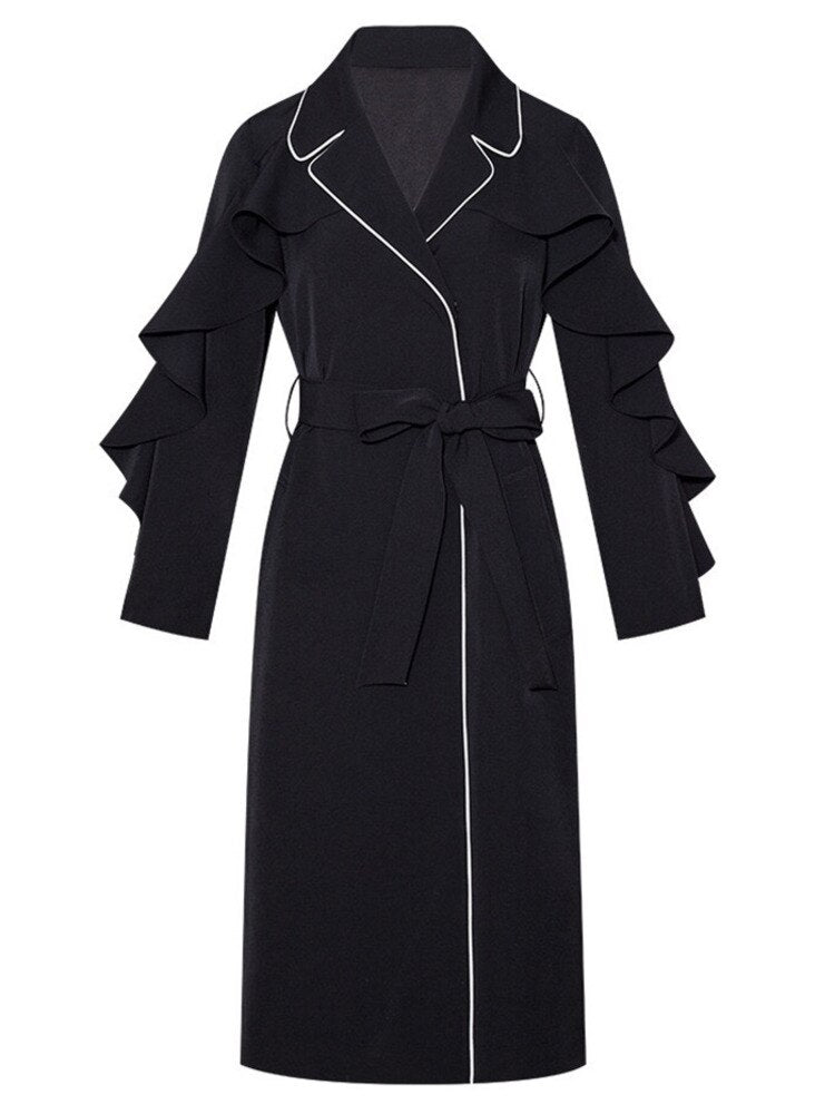 Gabardina para mujer con volantes, mangas acampanadas, cintura alta con cinturón, elegante abrigo largo superlargo, abrigo informal nuevo de otoño 