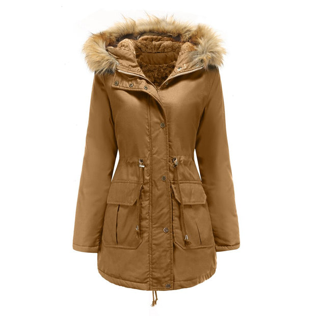 Women's plus size plus velvet cotton padded jacket with hooded fur collar winter warm jacket plus size womens padded jacket