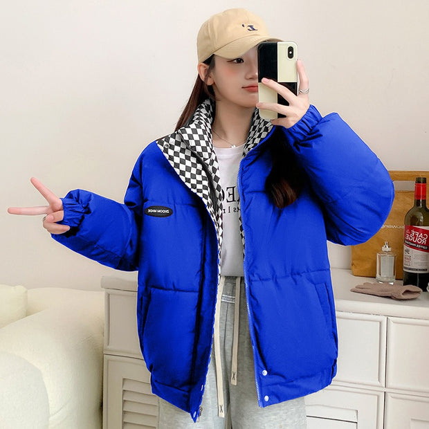 Winter New Checkerboard Down Cotton Jacket Women's Loose BF Style Stand Collar Short Cotton Jacket Cotton Padded Jacket Thickened Bread Jacket