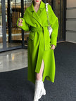 Fashion Women's Wool Coat Lapel Loose Double-sided Grass Green Sashes Waist Long Sleeve Overcoat Winter New