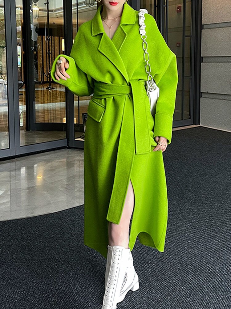 Fashion Women's Wool Coat Lapel Loose Double-sided Grass Green Sashes Waist Long Sleeve Overcoat Winter New