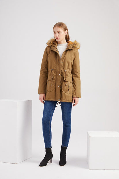 Women's plus size plus velvet cotton padded jacket with hooded fur collar winter warm jacket plus size womens padded jacket