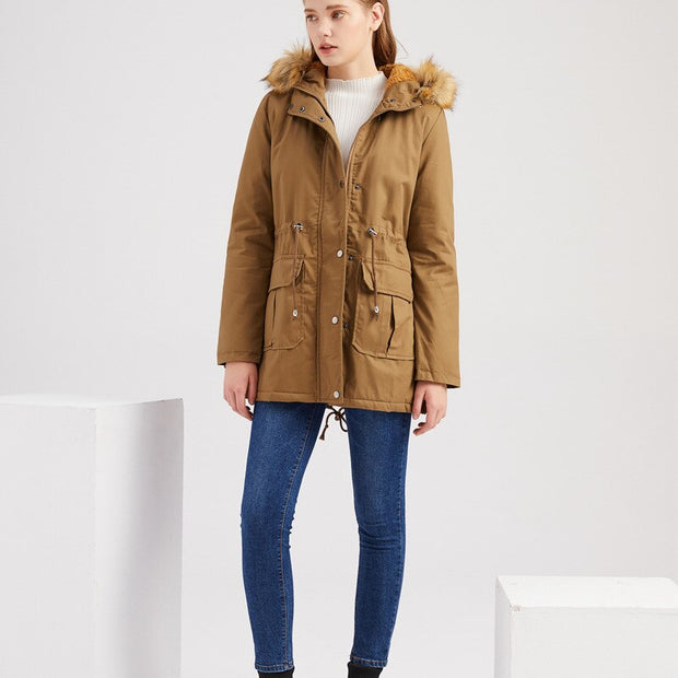 Women's plus size plus velvet cotton padded jacket with hooded fur collar winter warm jacket plus size womens padded jacket