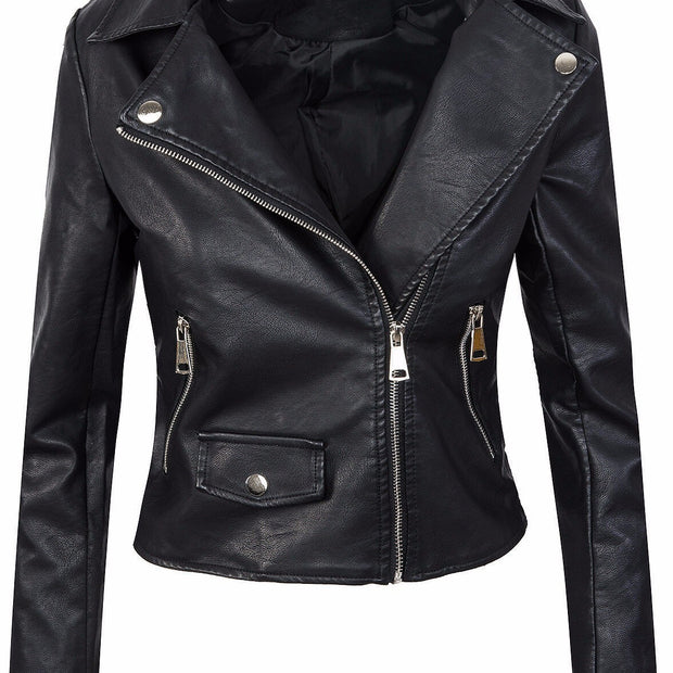 Women's Fall Winter Coat Slim PU Leather Short Zipper Leather Jacket Leather Coat