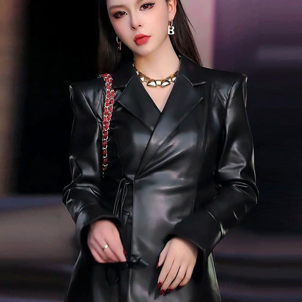 Black PU Leather Suit Jacket For Women